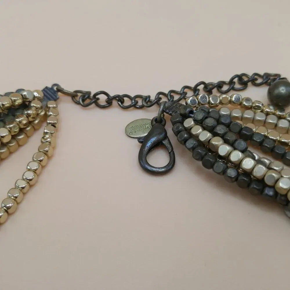 Chico’s Multistrand Metallic Gold Cube Bead Necklace Layered Statement